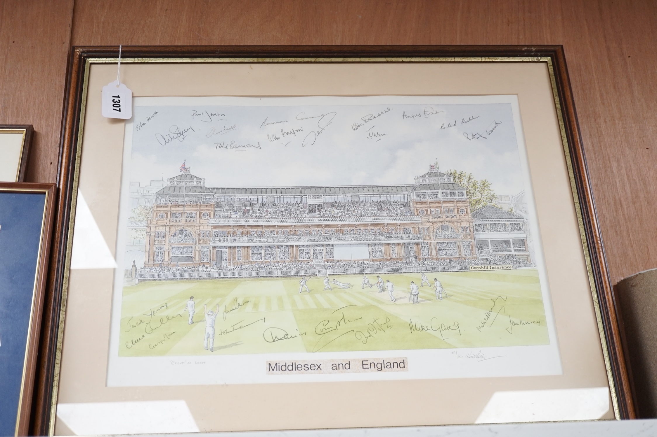Three framed cricket themed autographed pictures; an extensively signed print by Keith Reilly; ‘Cricket At Lords’ showing Middlesex and England, together with two signed prints of Mike Gatting, largest frame 53 x 66cm